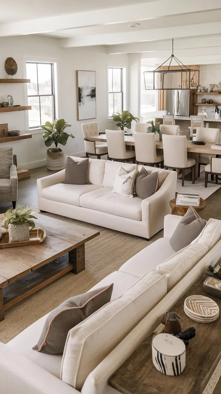 Modern rustic charm meets effortless elegance in this open-plan farmhouse. The warm, inviting living space flows seamlessly into the dining area, creating a perfect blend of comfort and style. Natural light streams through the windows, highlighting the carefully curated details and handcrafted textures throughout. A testament to thoughtful design and the beauty of simple living.