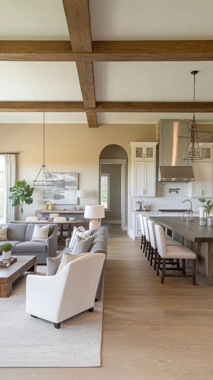 This modern rustic farmhouse seamlessly blends comfort and style. The open-plan living, dining, and kitchen areas create a warm and inviting atmosphere, perfect for both everyday living and entertaining. Natural light floods the space, highlighting the beautiful wooden beams and light-colored floors. A testament to thoughtful design and quality craftsmanship.