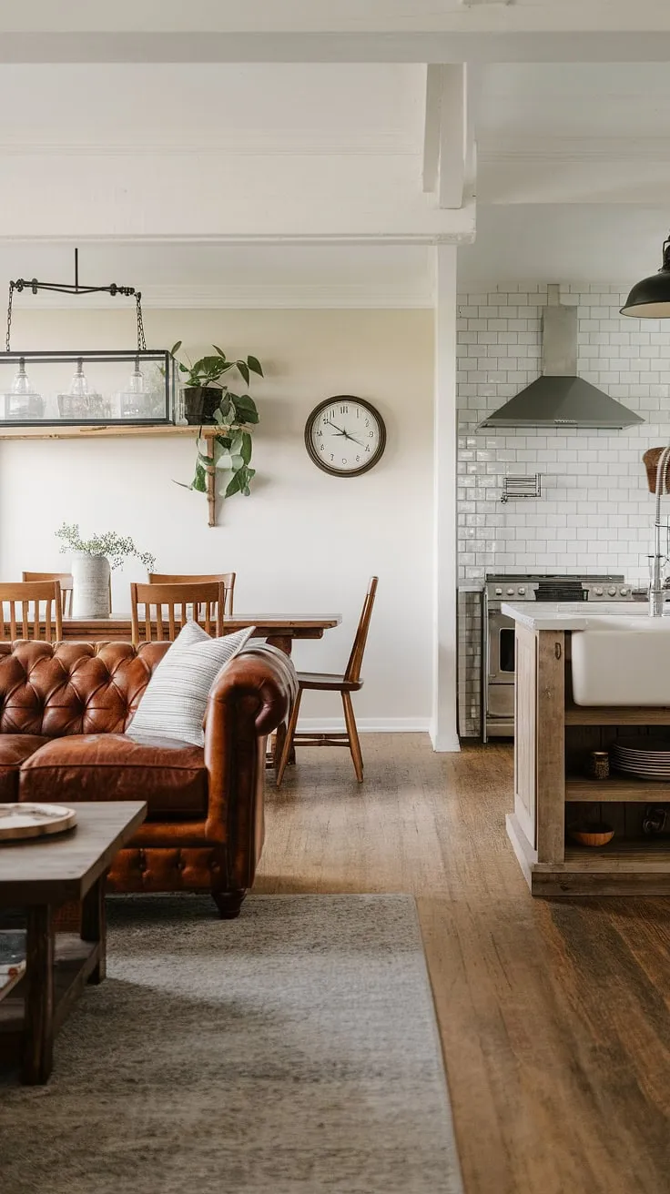 This modern rustic farmhouse seamlessly blends comfort and style. The open-plan living, dining, and kitchen areas flow effortlessly, creating a warm and inviting atmosphere. Natural light streams in, highlighting the rich wood floors and the carefully curated details, from the leather sofa to the farmhouse sink. A perfect blend of old-world charm and contemporary elegance.
