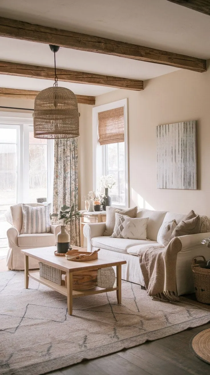 This inviting living room harmoniously fuses modern elegance with rustic charm, featuring a stylish sofa, farmhouse rug, and nature-inspired decor for a serene family retreat.