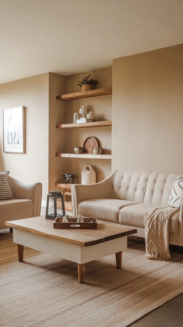 This tranquil living room harmoniously fuses modern and farmhouse styles, using soothing beige tones and wooden accents to craft a serene retreat for relaxation.