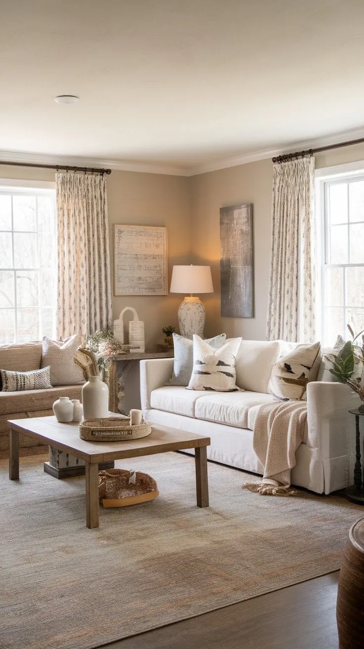 This beautifully styled living room harmoniously blends cozy comfort and rustic charm, showcasing the art of thoughtful design with its warm lighting and chic textures.