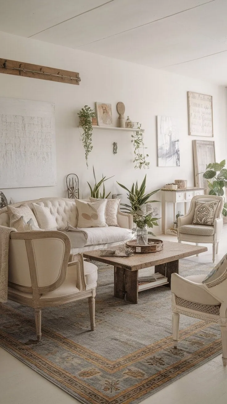 Bathed in sunlight, this inviting living room harmoniously blends modern comfort with rustic charm, featuring a stylish mix of shabby chic and cottage influences, enhanced by curated artwork and lush greenery.