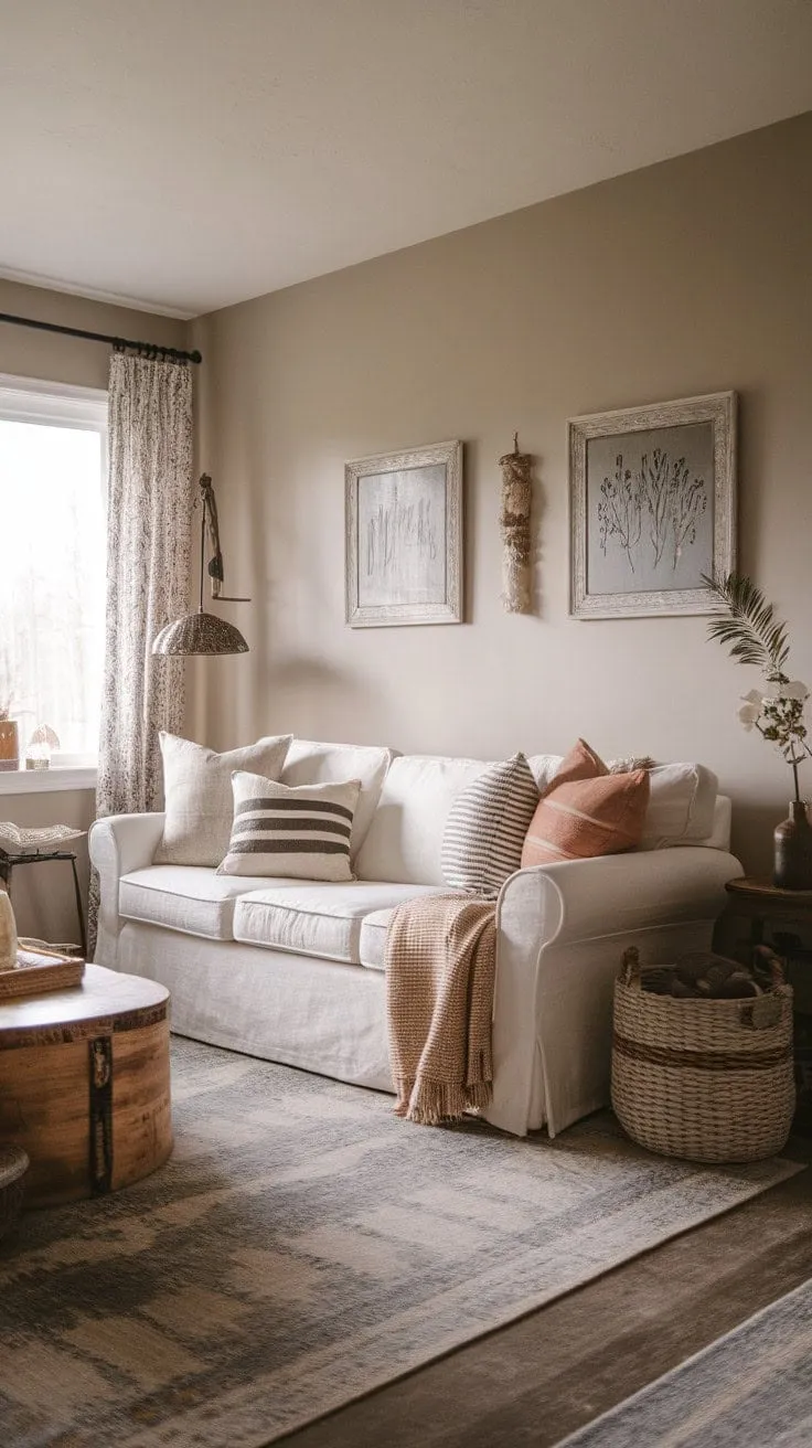 This inviting living room harmoniously fuses modern and rustic styles, featuring a boho sofa and nature-inspired rug that together create a serene backdrop for cherished family moments.