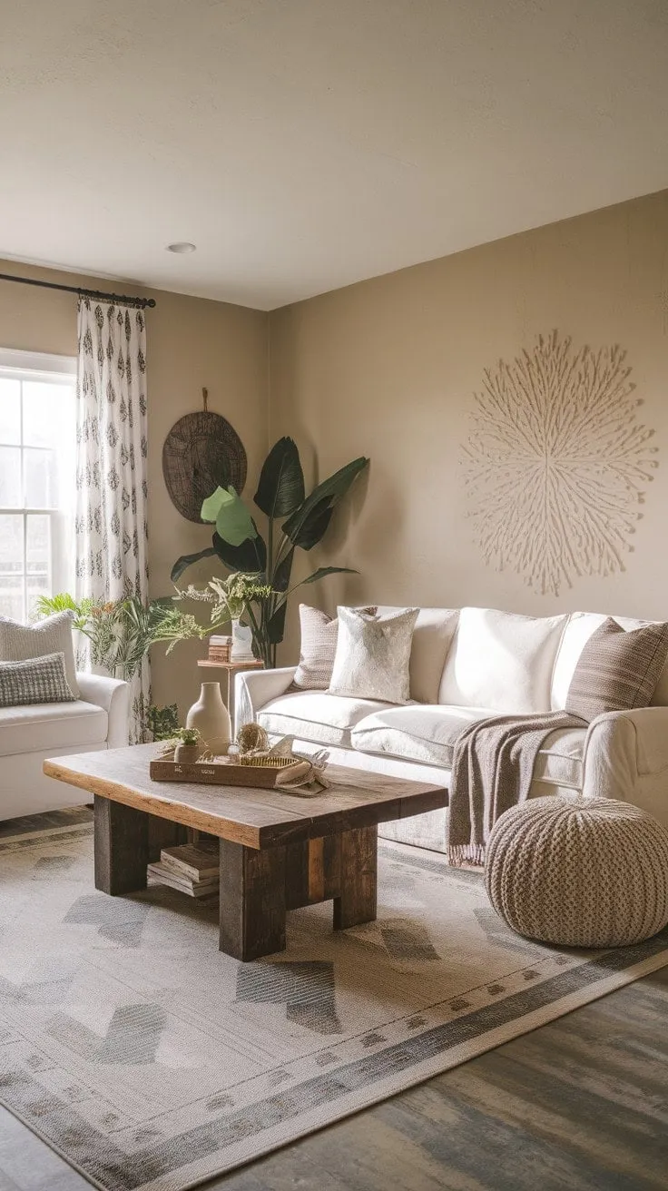 This modern rustic living room artfully combines farmhouse charm and boho chic, creating a warm, inviting space that exudes both personality and effortless elegance.