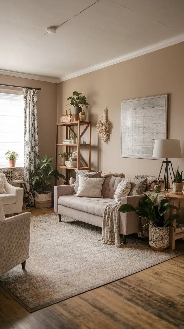 This modern farmhouse living room harmoniously fuses rustic charm with bohemian elegance, creating a stylish and inviting sanctuary of comfort.