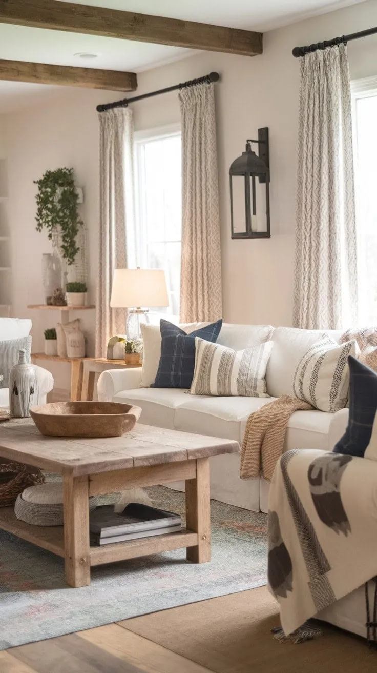 Experience the perfect harmony of farmhouse charm and boho chic in this inviting living room, where natural textures and warm tones create a tranquil retreat for family gatherings.