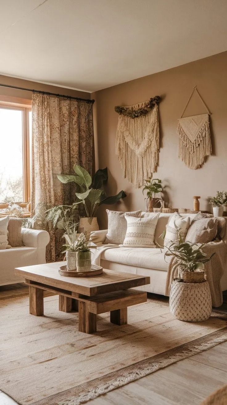 This inviting living space harmoniously combines cozy comfort and rustic charm with neutral tones, boho accents, and lush greenery for a relaxed yet elegant family retreat.