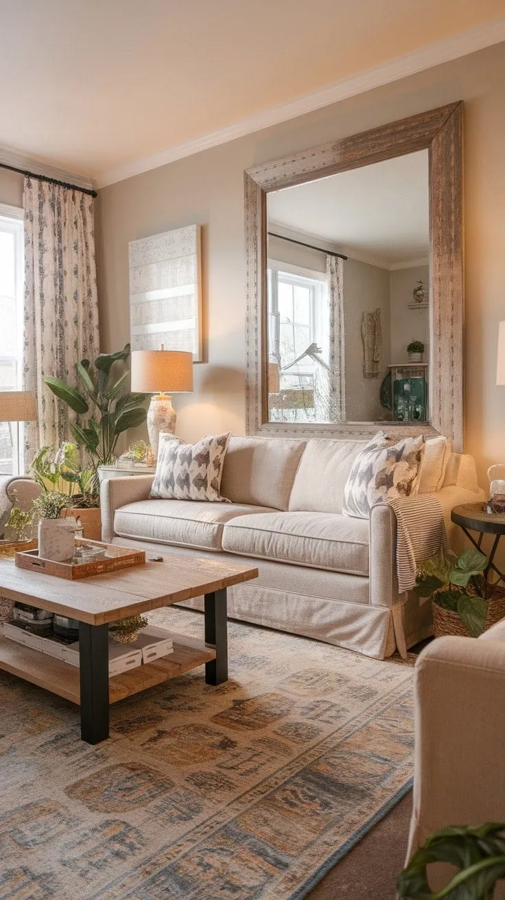 This stylish living room harmoniously fuses modern sophistication with rustic charm, creating a serene retreat for relaxation.