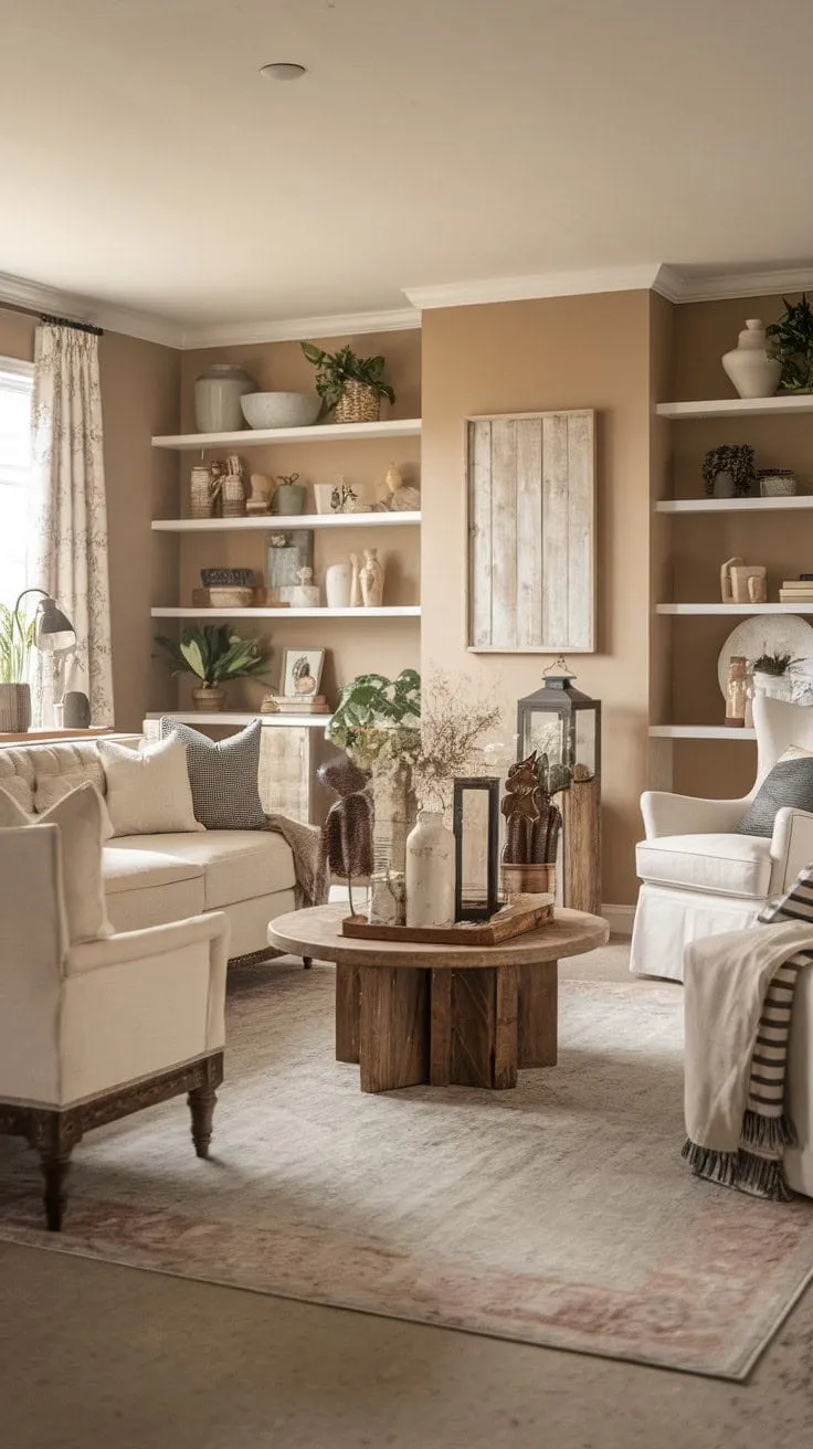 This living room harmoniously fuses modern and farmhouse aesthetics, featuring a soothing neutral palette with vibrant greenery and rustic touches that invite relaxation and connection.
