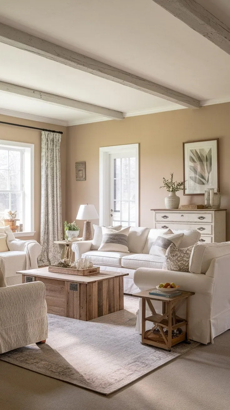 This boho-inspired farmhouse living room blends relaxed elegance with eclectic charm, making it the perfect sanctuary for cherished moments.