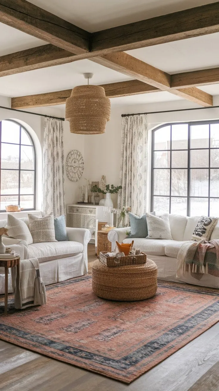 Sunlight dances through the window, highlighting a stylish yet cozy modern rustic living room that beautifully marries shabby chic with boho charm.