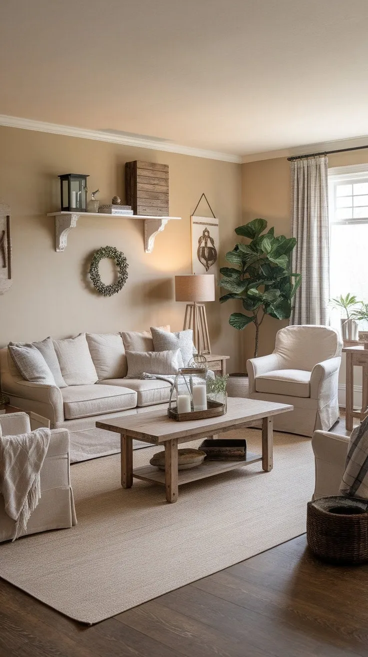 This cozy modern rustic living room harmoniously combines shabby chic charm with cottage warmth, inviting relaxation and cherished moments.