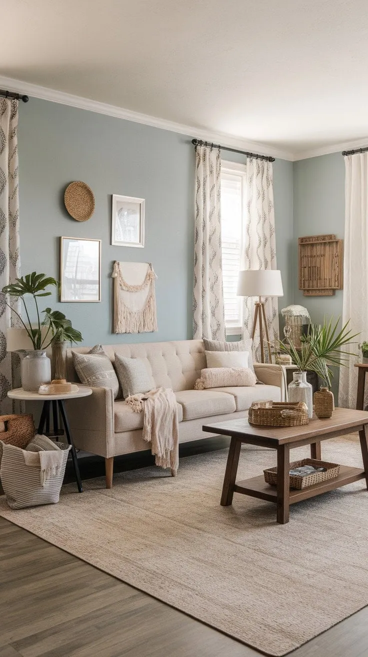 This inviting living room harmoniously fuses modern and rustic styles, featuring pale blue walls and wooden accents that exude relaxed sophistication.
