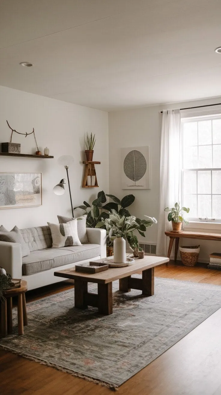 Sunlight dances through white curtains, highlighting the inviting charm of a modern rustic living room adorned with farmhouse decor and cozy textures.