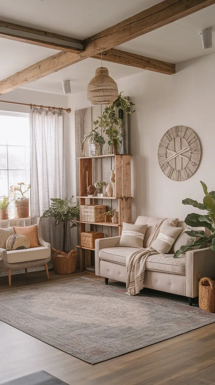 This modern rustic living room blends farmhouse decor with shabby chic elements, featuring a design sofa, farmhouse area rugs, and boho-inspired touches for a family-friendly atmosphere.