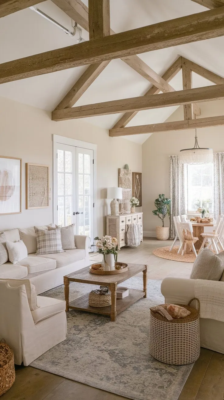 Featuring a harmonious mix of modern farmhouse and boho styles, this country living room inspires with its inviting atmosphere and nature-themed bedroom.