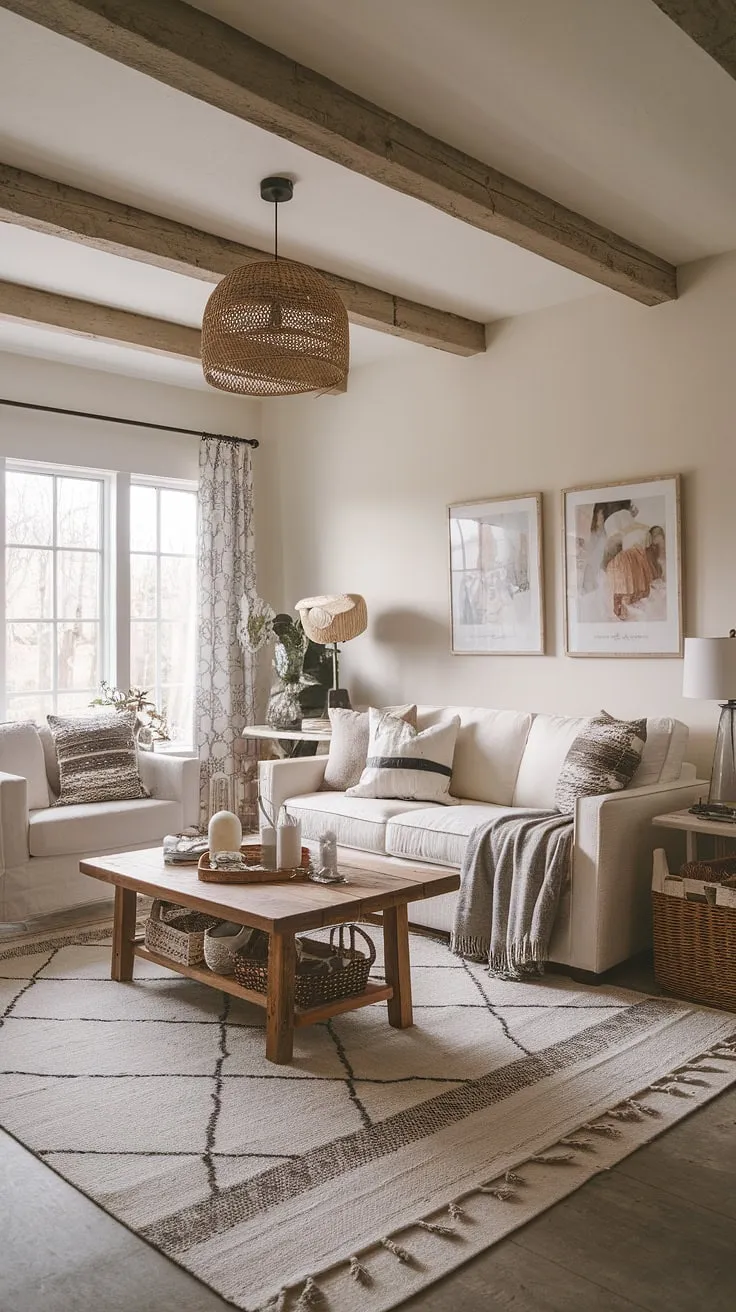 This modern rustic living room blends farmhouse decor with shabby chic elements, creating a family-friendly space that features a design sofa, farmhouse area rugs, and a cozy boho aesthetic.