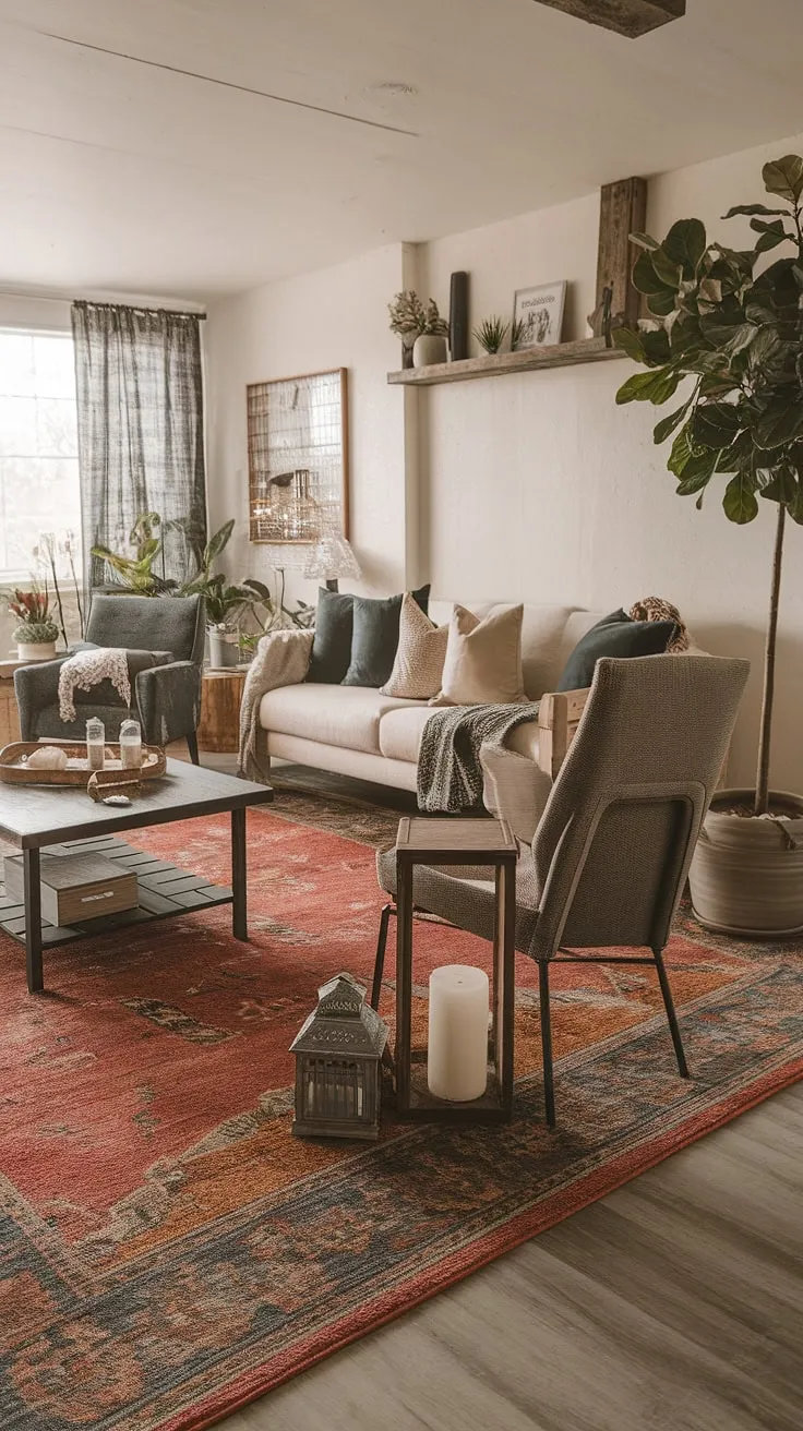 This modern rustic living room beautifully blends farmhouse decor with shabby chic elements, featuring a cozy design sofa, farmhouse area rugs, and inviting plants for a family-friendly atmosphere.