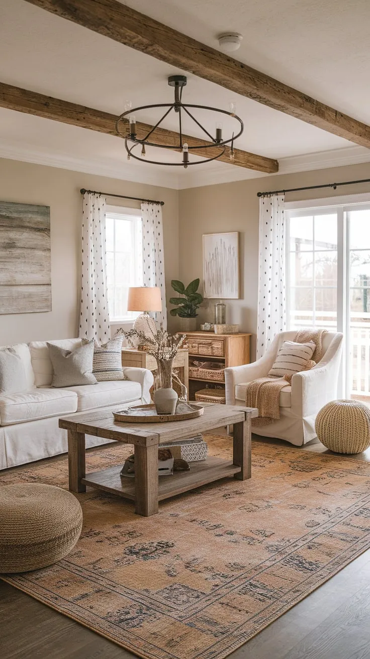 With its modern farmhouse style and cottage shabby chic touches, this inviting living room showcases a perfect harmony of country charm and contemporary design, making it an ideal space for family gatherings.
