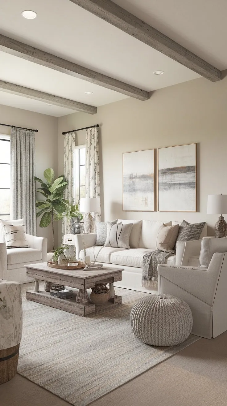 With its light-colored walls, farmhouse area rugs, and inviting decor, this country living room creates a perfect retreat that harmonizes modern rustic charm with a nature-inspired bedroom.