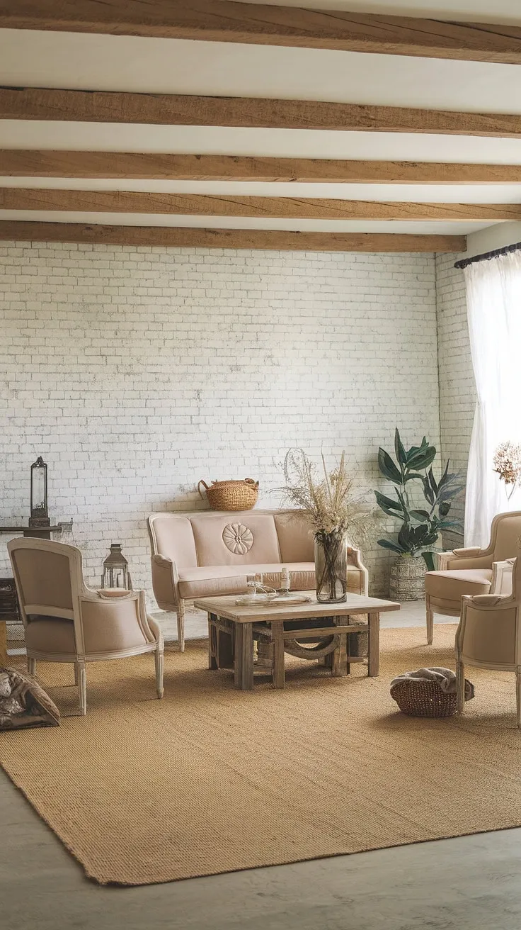 This modern rustic living room beautifully blends shabby chic and cottage styles with a beige design sofa, wooden accents, and farmhouse decor, creating a family-friendly space that inspires cozy gatherings.