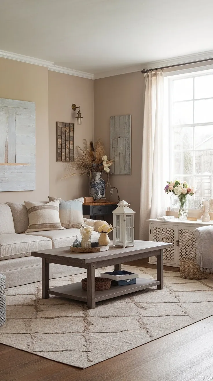 The light beige walls and wooden flooring enhance the inviting atmosphere of this modern farmhouse living room, complete with a stylish design sofa and nature-inspired decor.