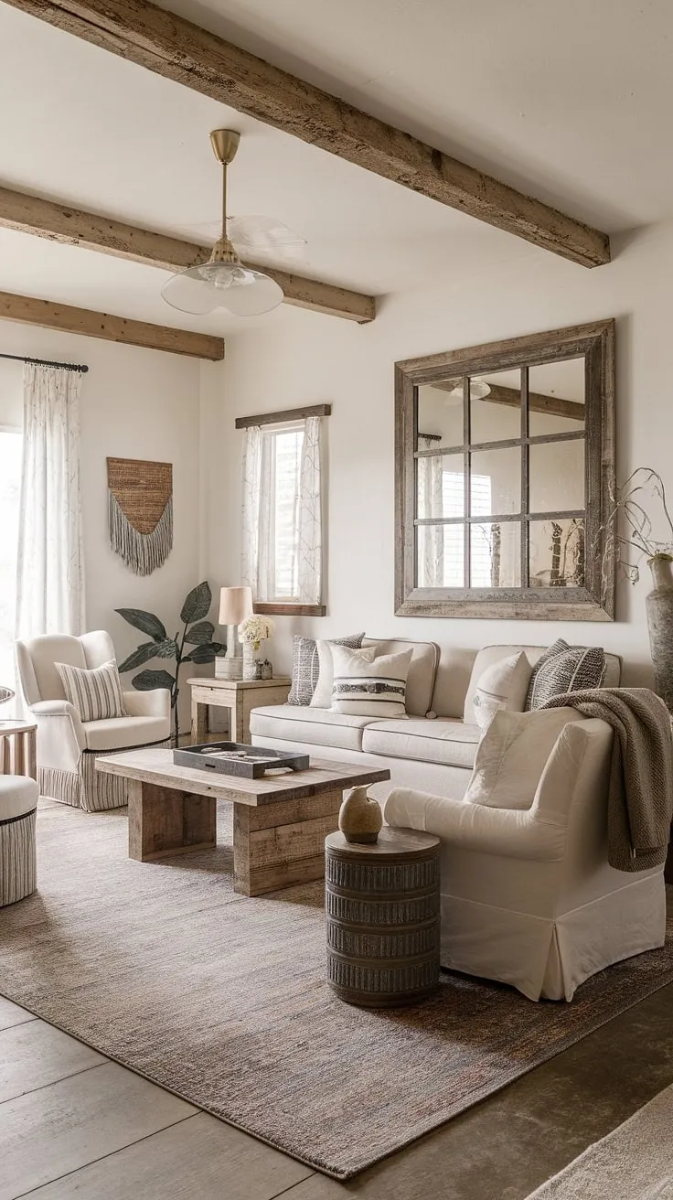 This modern rustic living room blends farmhouse decor with shabby chic elements, featuring a family-friendly design, a cozy sofa on a farmhouse area rug, and boho accents that create a nature-inspired retreat.