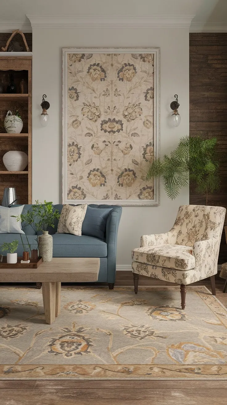 Featuring a harmonious mix of modern farmhouse and cottage shabby chic elements, this inviting living room showcases a floral area rug, a stylish design sofa, and nature-inspired decor for a warm, boho vibe.