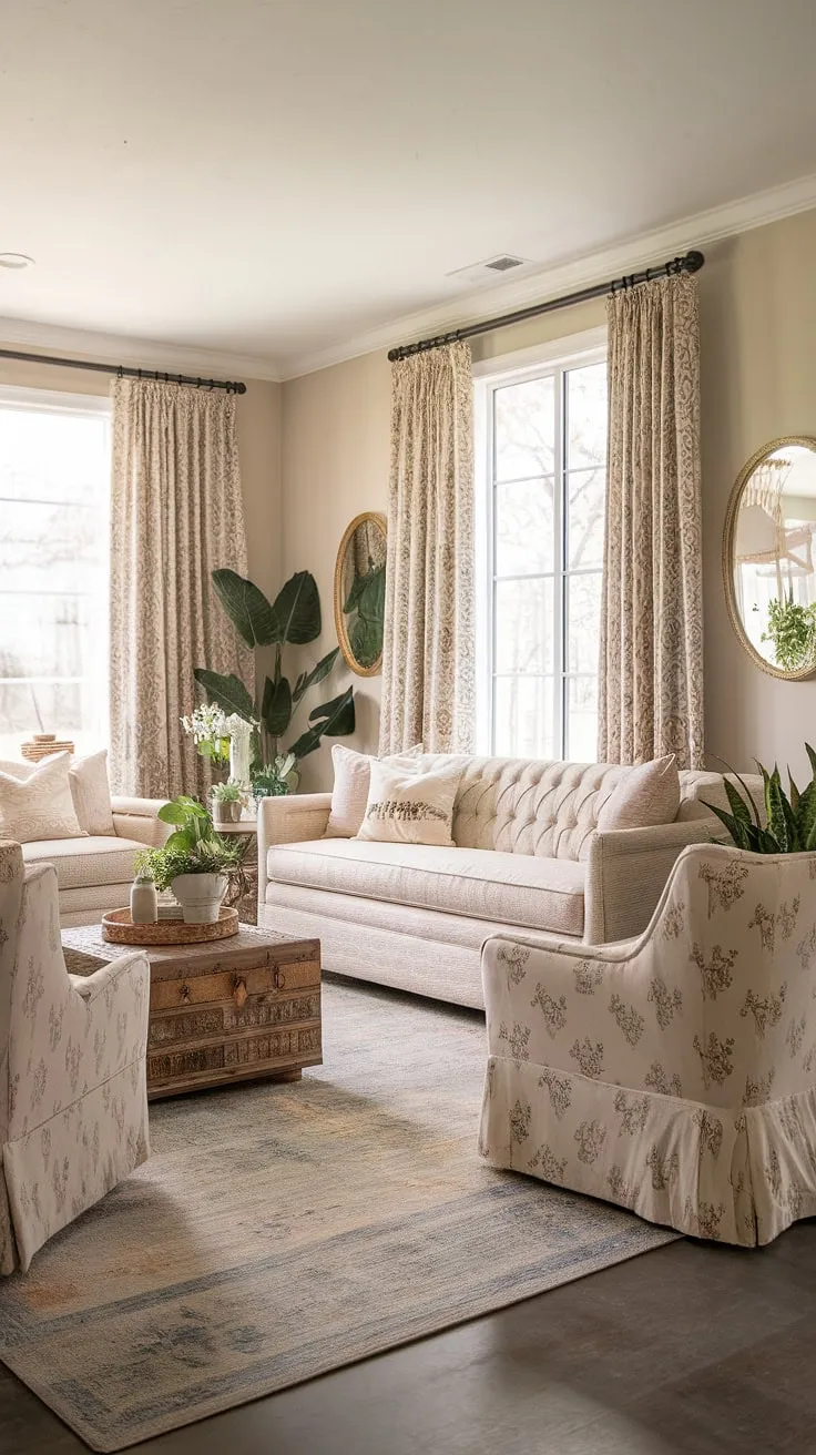 The inviting modern farmhouse living room showcases a cottage shabby chic aesthetic with a stylish design sofa, complemented by a farmhouse area rug and plants, perfect for a family-friendly atmosphere.