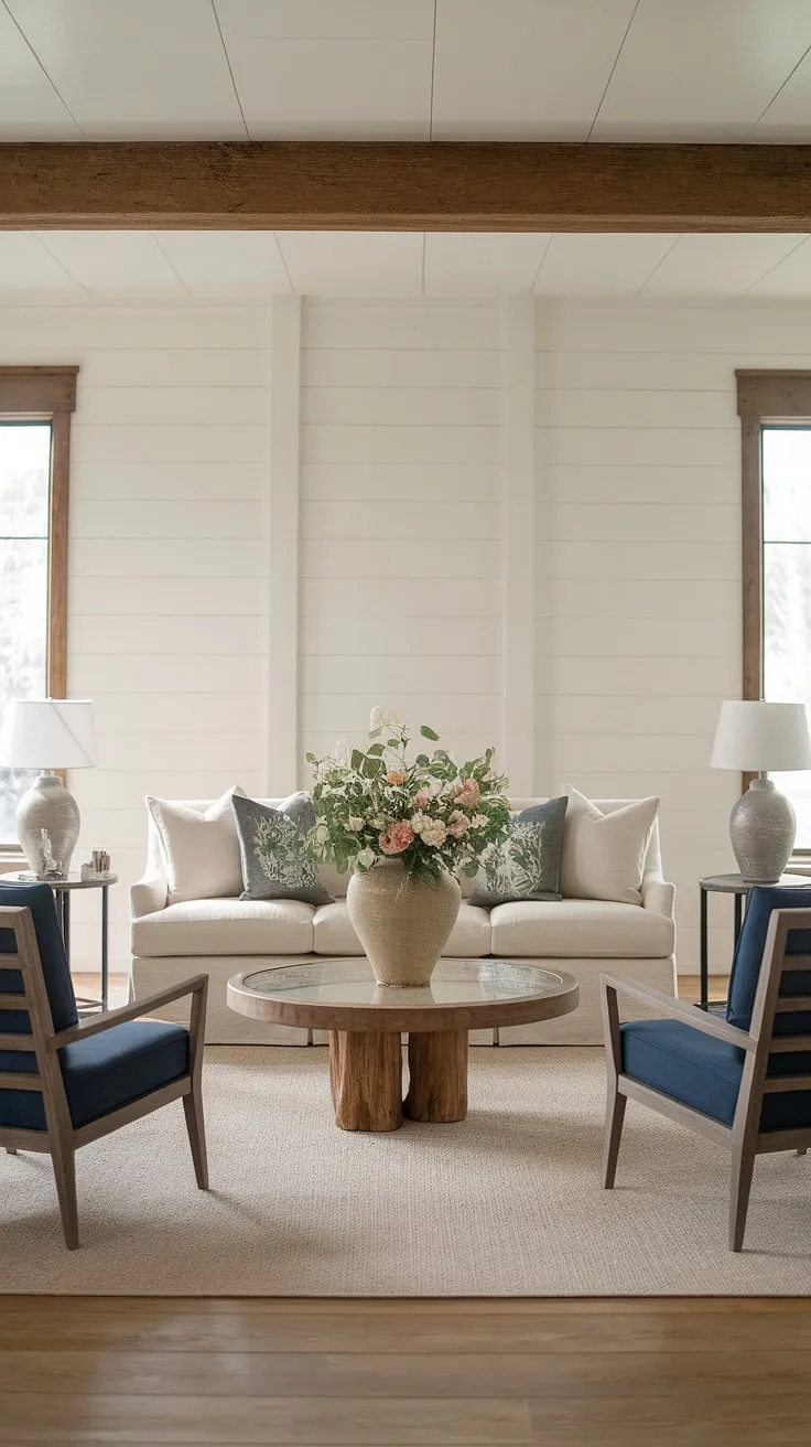 The inviting modern farmhouse living room showcases shabby chic elements with a cozy beige sofa, wooden accents, and a floral centerpiece, perfect for a country-inspired retreat.