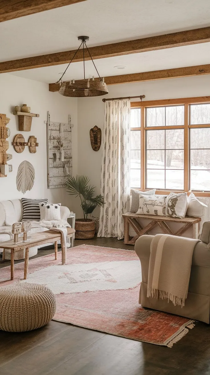 This modern rustic living room beautifully blends farmhouse decor and shabby chic elements, featuring a family-friendly design with a cozy area rug and boho accents.