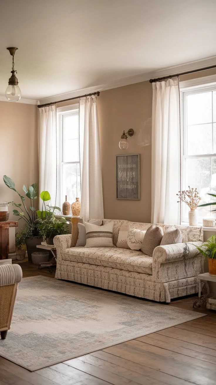 This modern rustic living room blends farmhouse decor with shabby chic elements, featuring a boho-chic design sofa, family-friendly layout, and cozy touches like a large farmhouse area rug and potted plants.