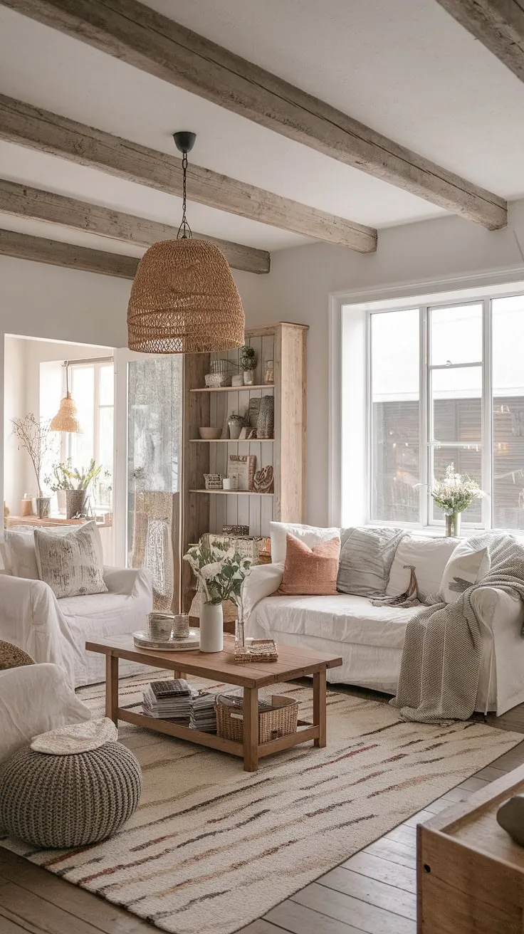 Featuring a modern farmhouse vibe, this cottage shabby chic living room showcases a nature-inspired bedroom and farmhouse area rugs, perfect for a stylish country retreat.