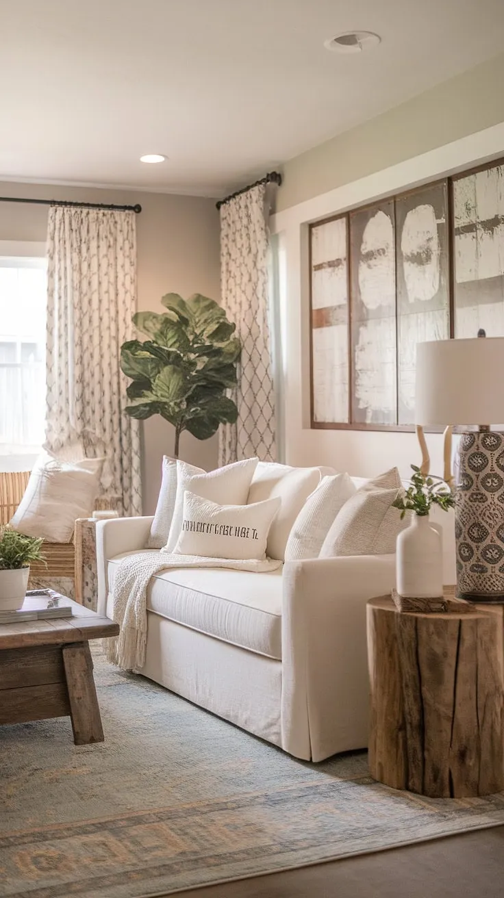 A stylish modern farmhouse living room showcases a shabby chic aesthetic with a family-friendly design sofa, farmhouse area rugs, and boho touches, creating an inviting space filled with natural elements.