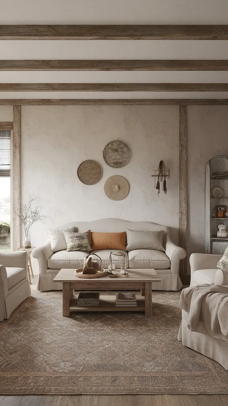 The inviting modern farmhouse living room showcases a beige design sofa, wooden accents, and a large area rug, harmonizing shabby chic and country living aesthetics for a cozy, family-friendly atmosphere.