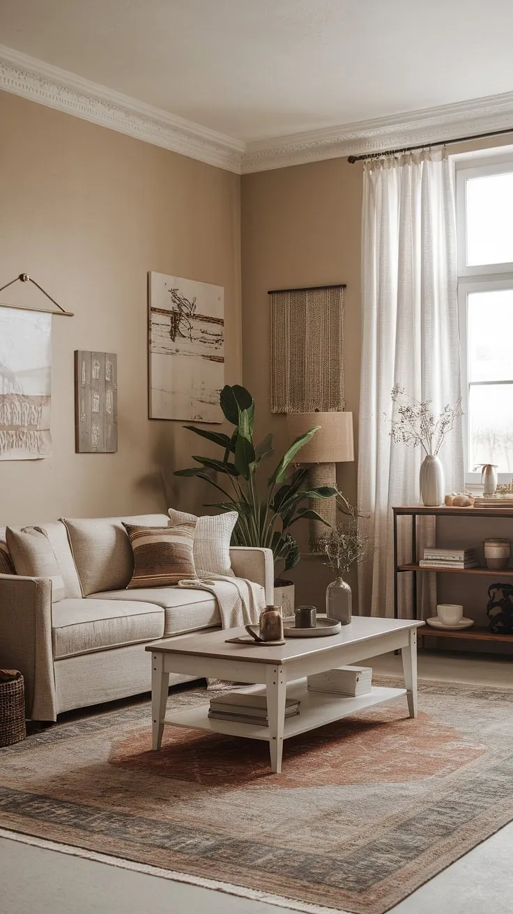 This modern rustic living room beautifully blends shabby chic and country elements with a beige design sofa, farmhouse area rugs, and nature-inspired decor for a family-friendly atmosphere.