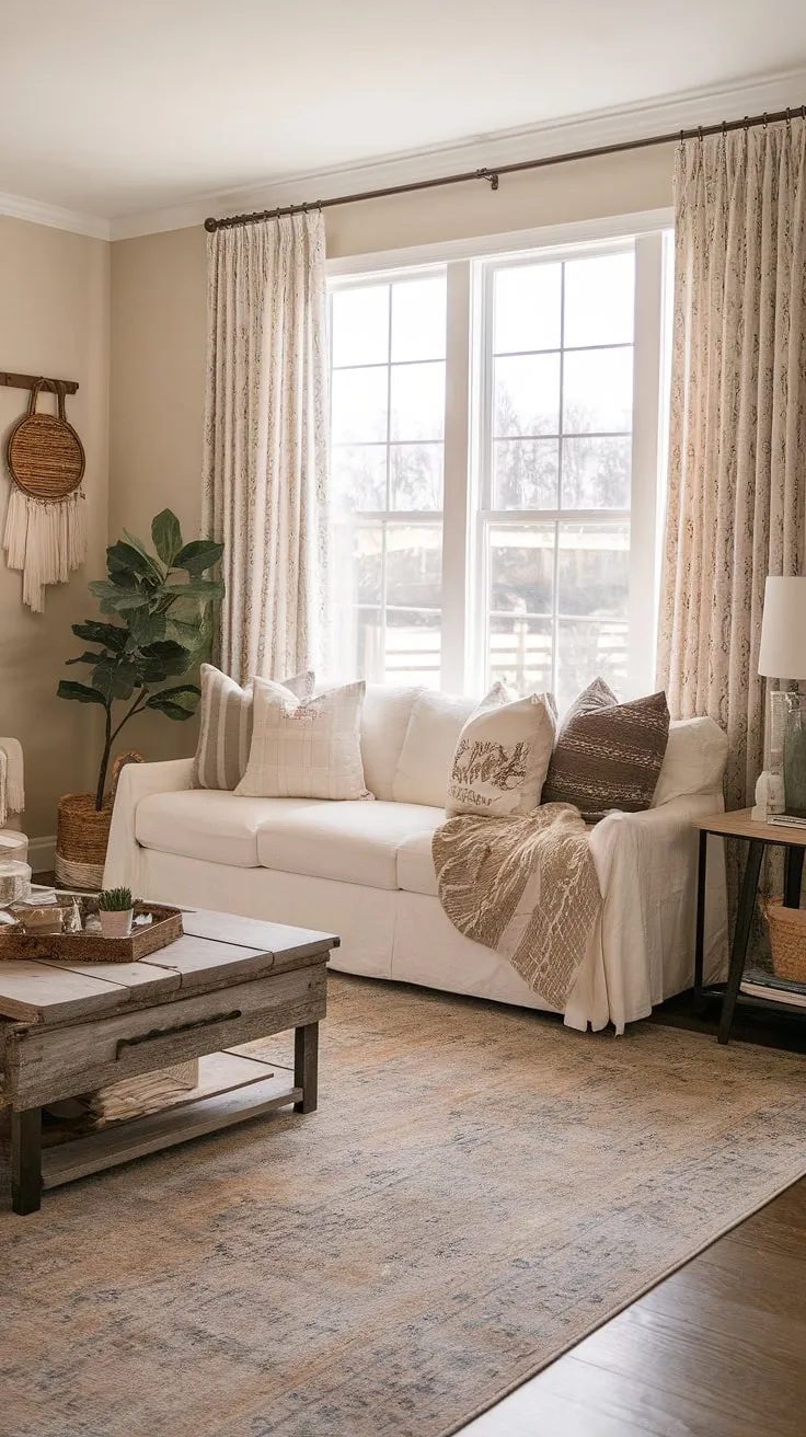 With its light walls, farmhouse area rugs, and cottage shabby chic vibe, this modern farmhouse living room offers a stylish and inviting space perfect for family gatherings.