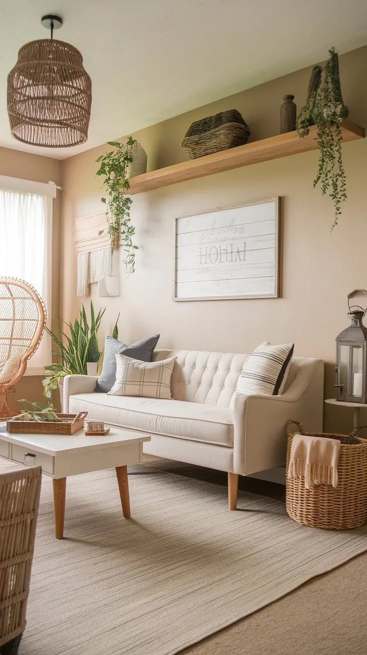 The modern farmhouse living room showcases a stylish design with a beige sofa, wooden shelves, and charming decor, creating a warm and inviting atmosphere perfect for family gatherings.