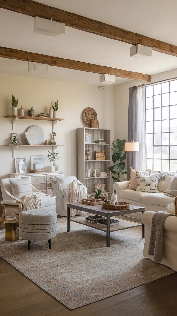 With its country vibe and nature-inspired touches, this modern farmhouse living room showcases a perfect mix of cottage shabby chic and interior boho styles, making it an inviting space for all.
