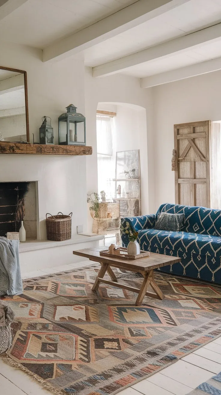 Featuring a stylish blue sofa and geometric area rug, this modern farmhouse living room showcases a perfect mix of shabby chic and boho decor, making it an inviting retreat for family and friends.