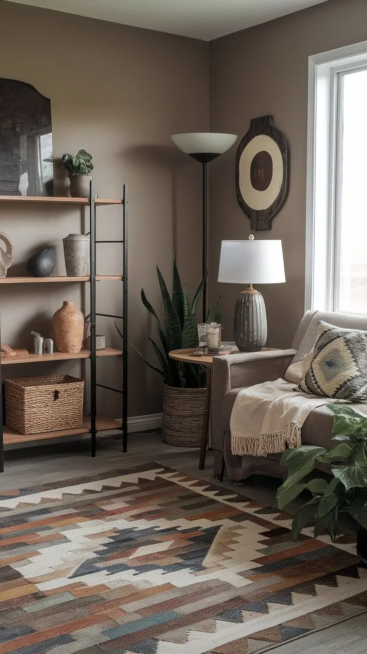 The inviting modern farmhouse living room showcases shabby chic touches, a geometric area rug, and a boho couch, creating a perfect space for relaxation and inspiration.