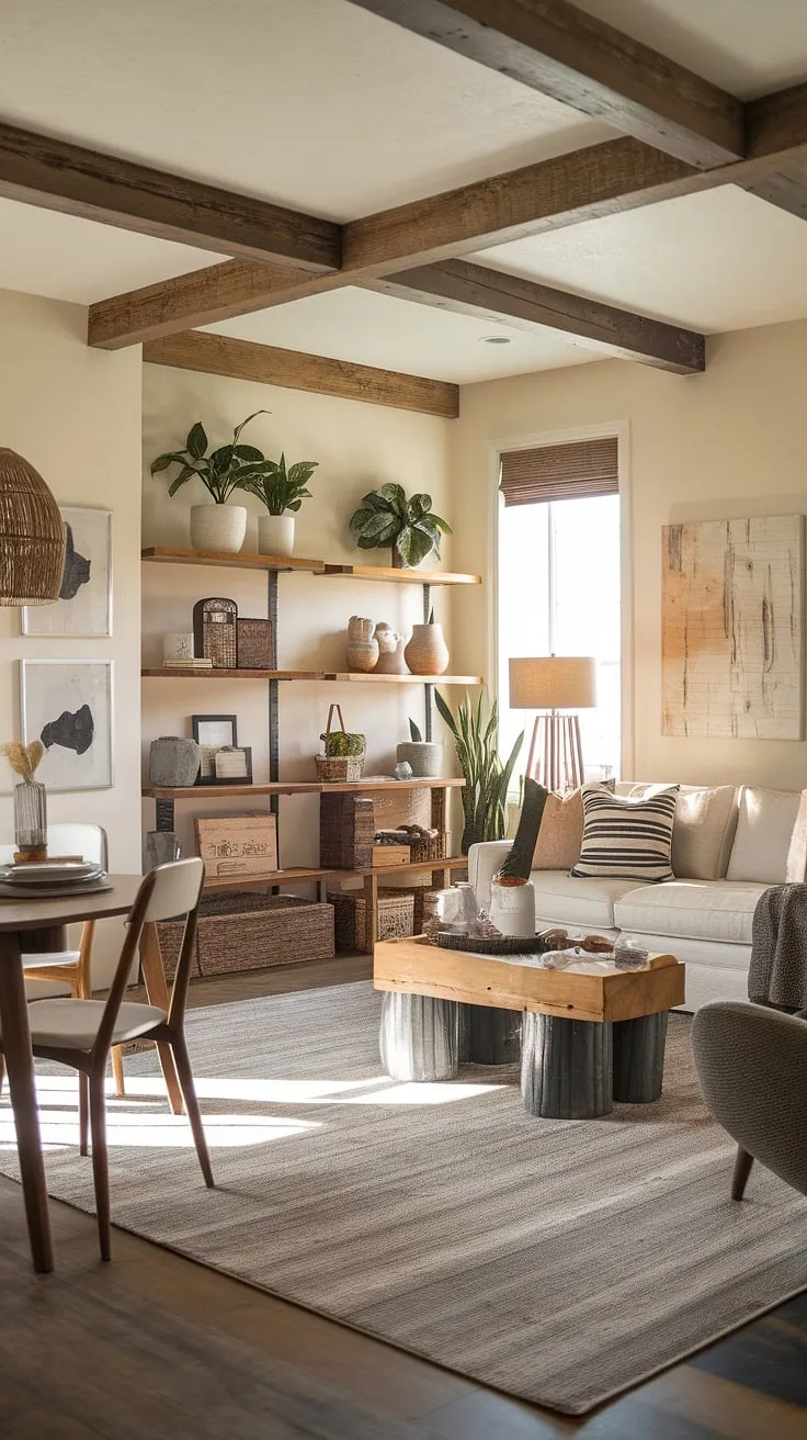 With its exposed beams and inviting ambiance, this modern farmhouse living room showcases a perfect mix of cottage shabby chic and interior boho styles, making it an inspiring haven for home decor enthusiasts.