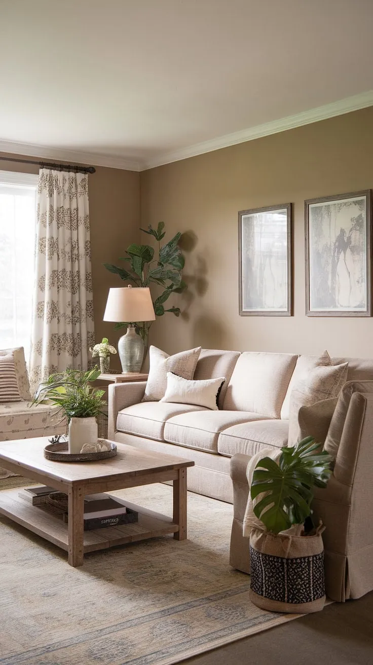 With its inviting country vibe, this modern farmhouse living room showcases a design sofa, potted plants, and stylish farmhouse area rugs, perfect for inspiring a cozy cottage shabby chic retreat.