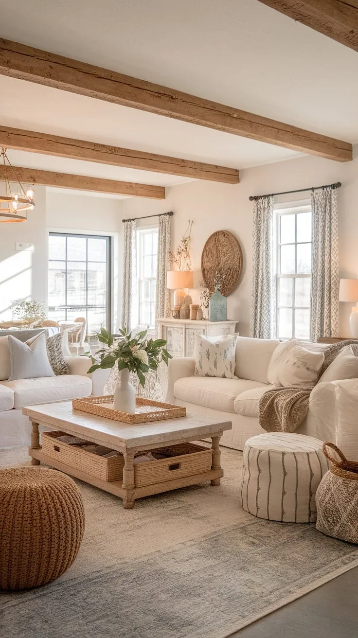 The inviting modern farmhouse living room showcases a cottage shabby chic style, complete with boho touches, a cozy design sofa, and a warm ambiance perfect for family gatherings.