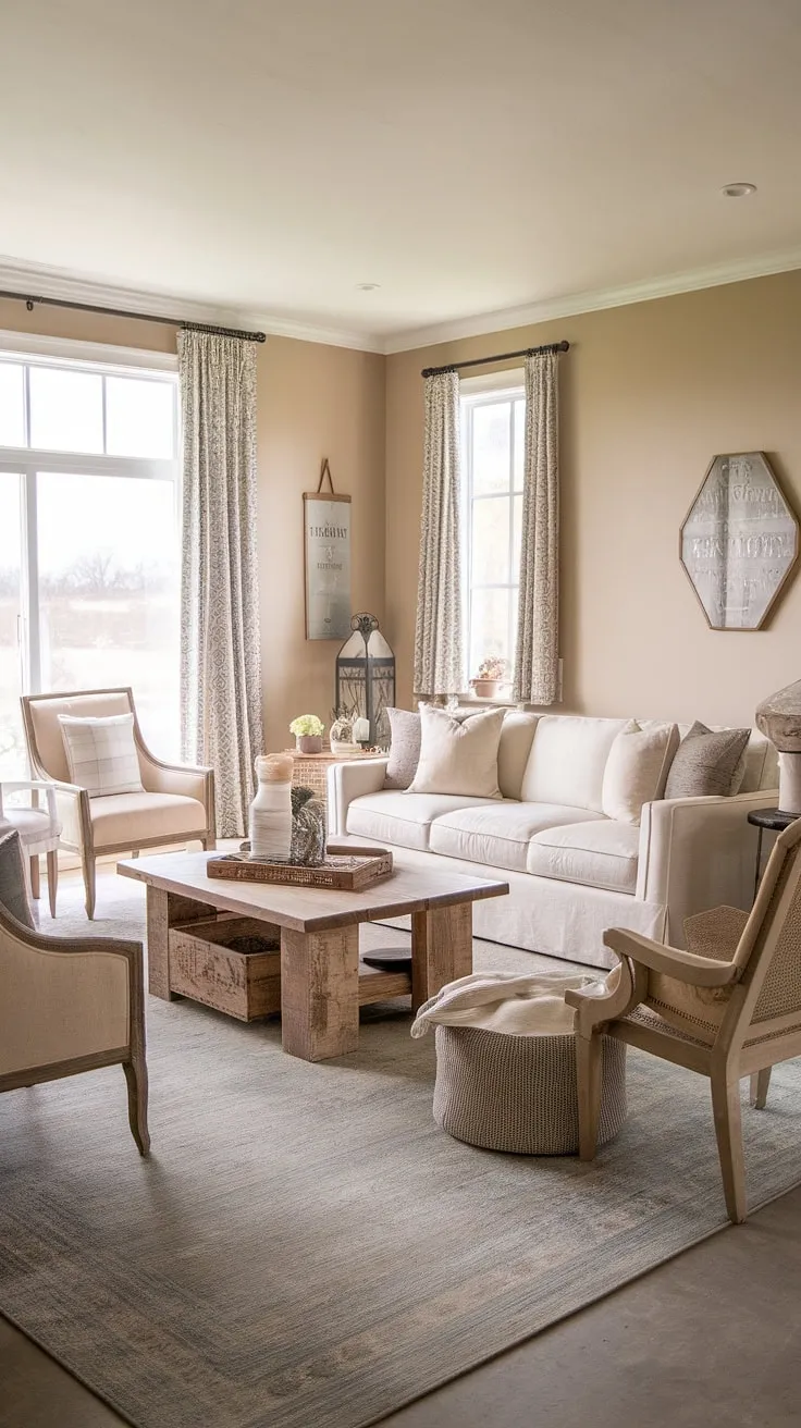 The inviting modern farmhouse living room showcases a cozy beige sofa, rustic wooden furniture, and charming decor, making it the perfect space for country living and cottage shabby chic vibes.