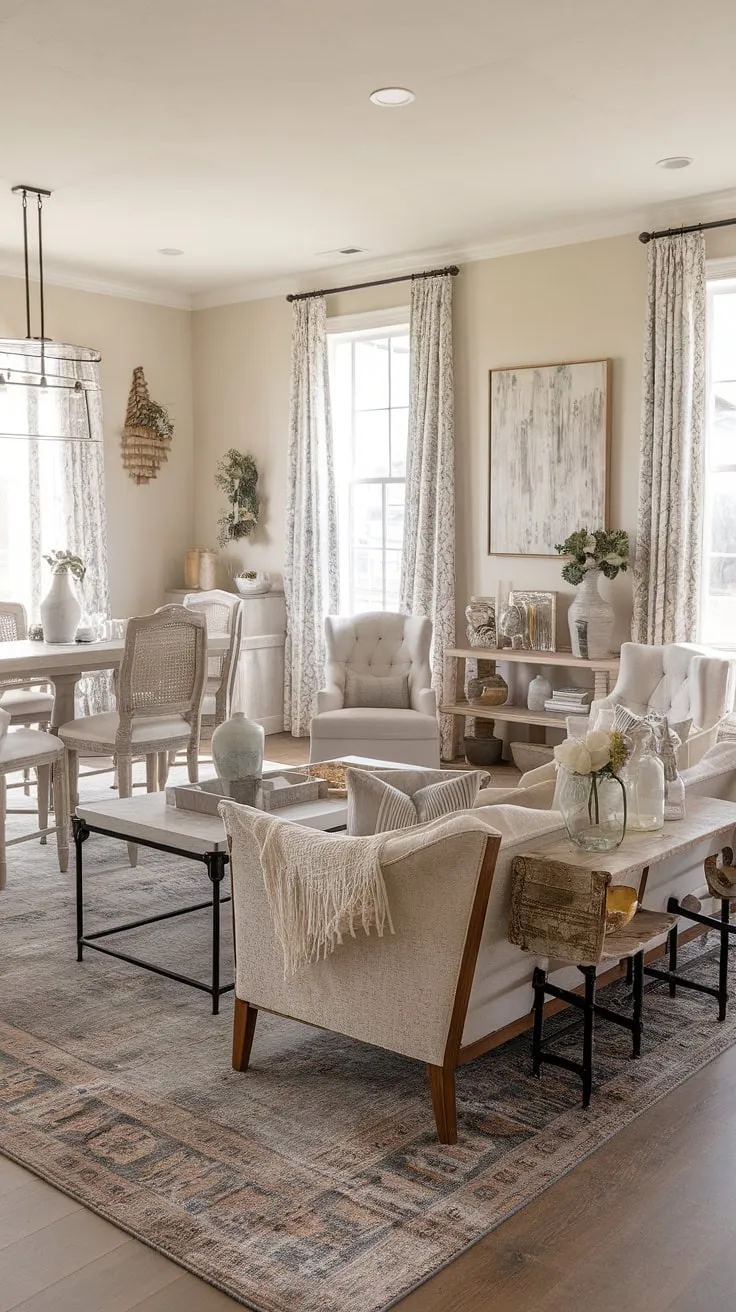The inviting modern farmhouse living room showcases a shabby chic aesthetic with a family-friendly layout, highlighted by a boho design sofa and charming farmhouse area rugs.