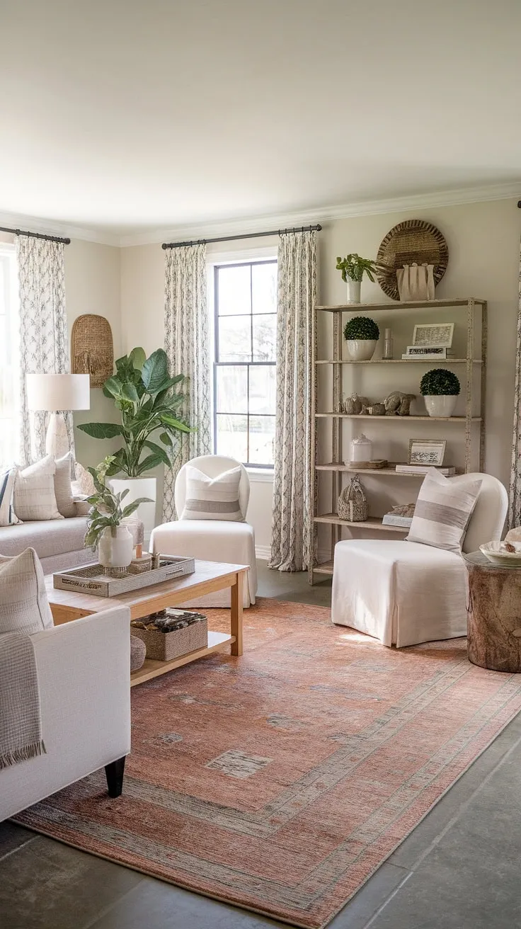 The inviting modern farmhouse living room showcases a perfect mix of country charm and cottage shabby chic decor, complete with a stylish design sofa and nature-inspired accents for a warm, family-friendly space.
