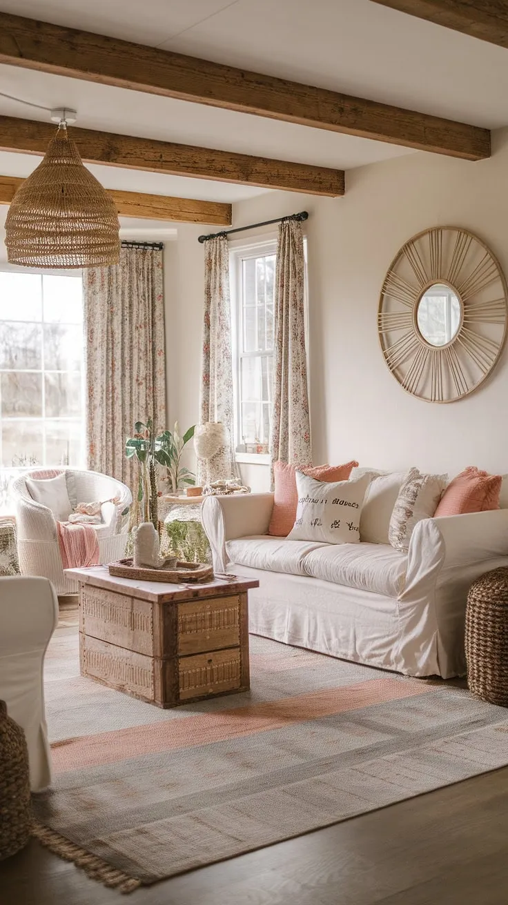 The inviting modern farmhouse living room showcases a shabby chic design with a boho touch, highlighted by a cottage sofa and farmhouse area rugs, creating a perfect family-friendly space.