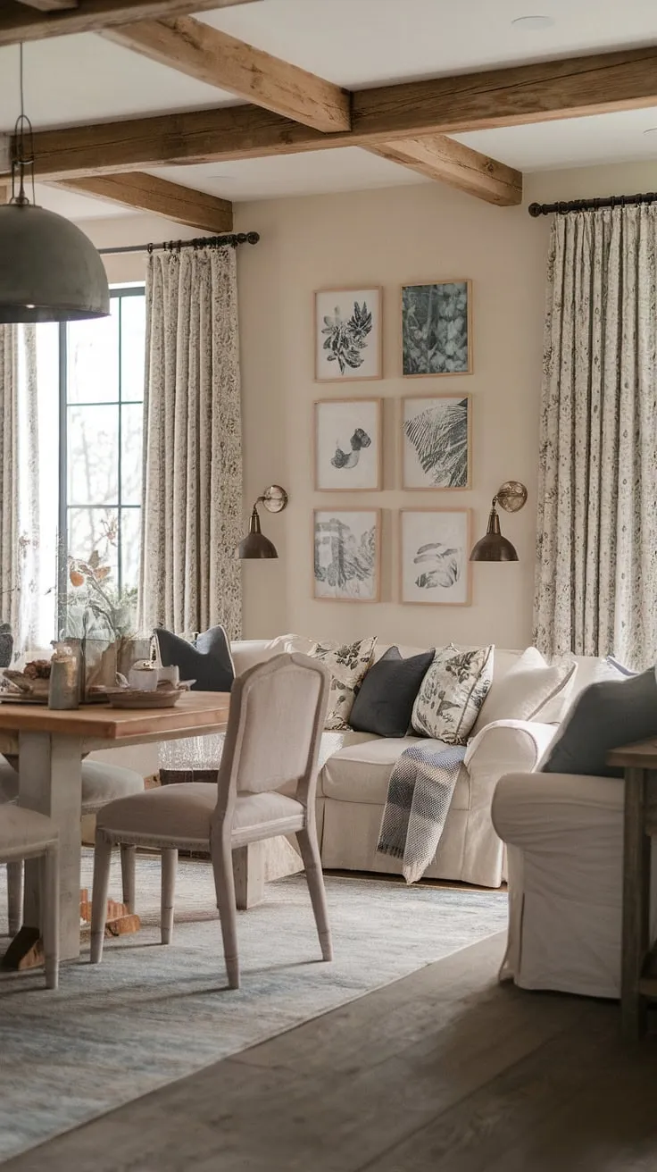 The inviting modern farmhouse living room showcases a perfect mix of shabby chic and country styles, highlighted by a family-friendly sofa, cottage dining chair, and nature-inspired decor, all set on a charming farmhouse area rug.
